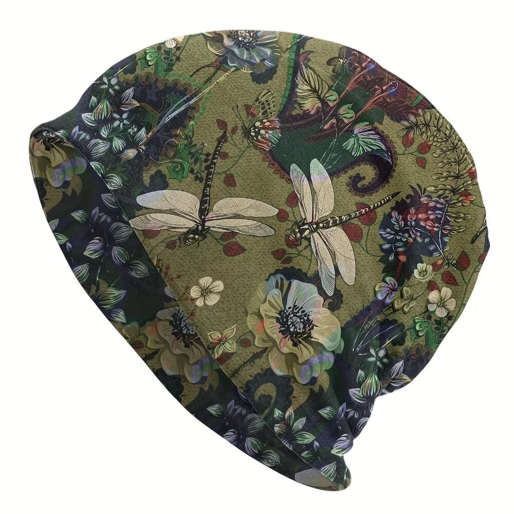 Boho Style Slouchy Beanie Dragonfly Print Knitted Hat for Women
